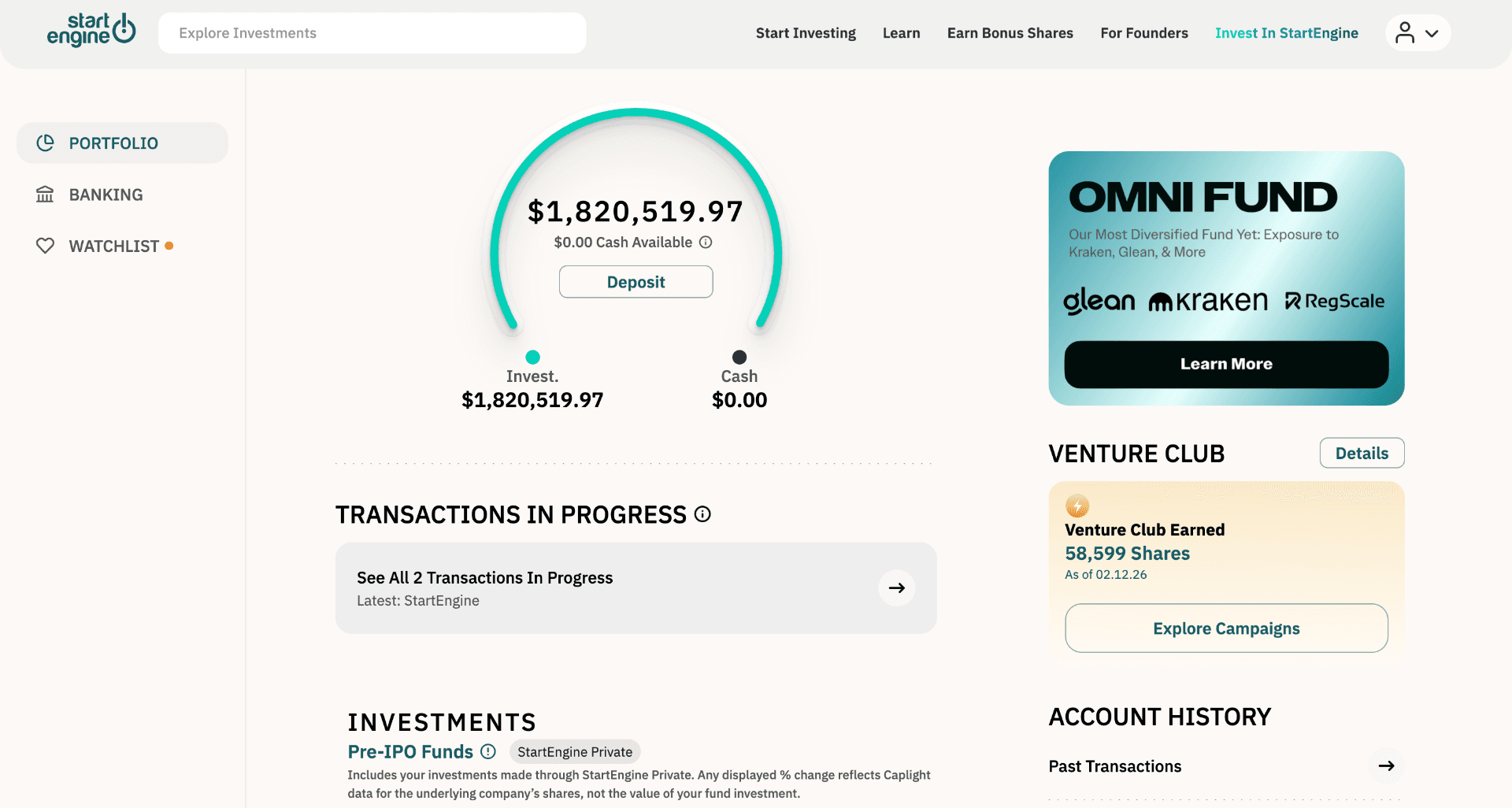 StartEngine portfolio dashboard showing investments, transactions, and Venture Club